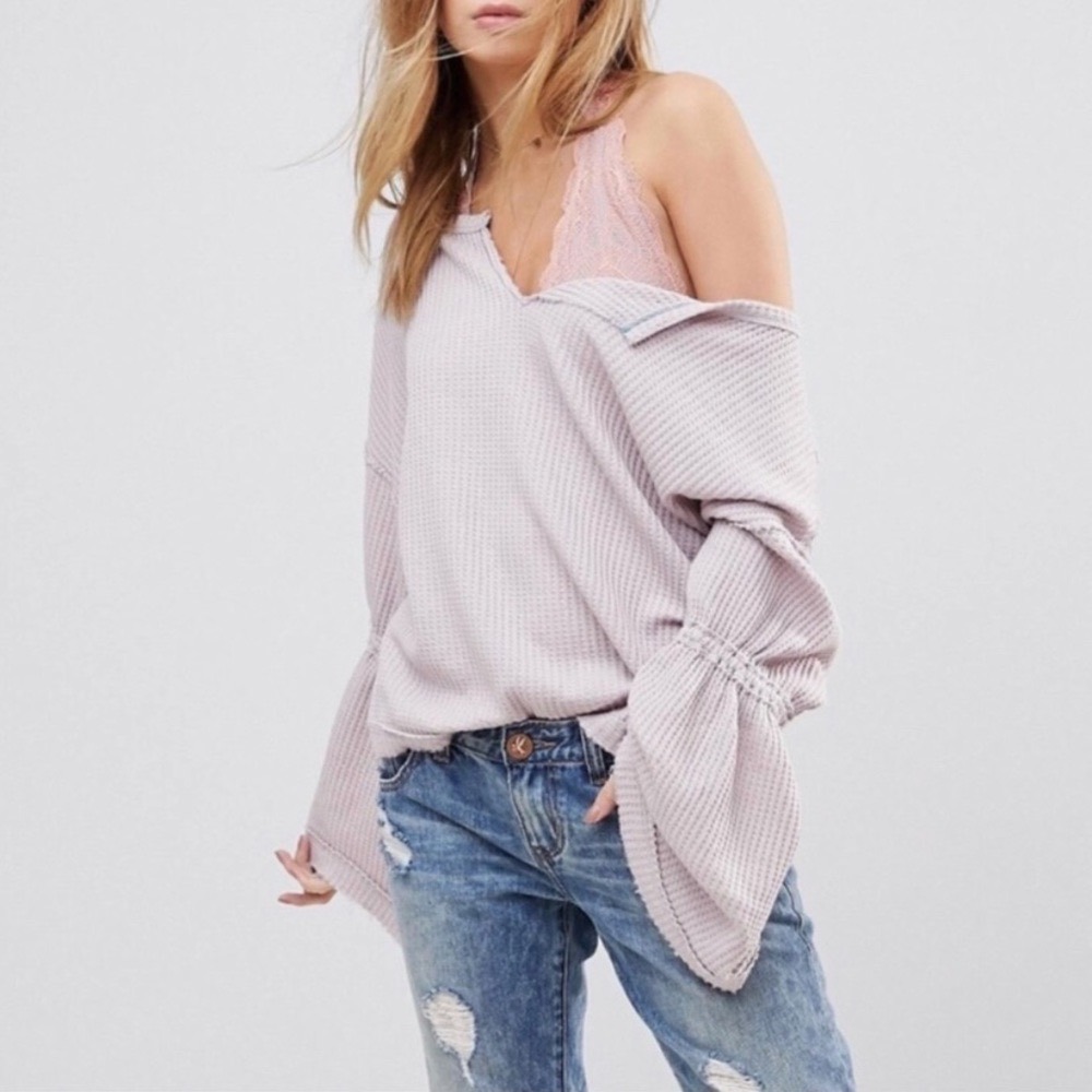 Free People Lilac Dahlia Bell Sleeve Thermal Boho Oversized Lagenlook Top M